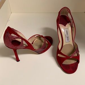 Red Jimmy Choo suede and python summer sandal